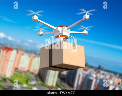 Quadrocopter con confezione di cartone, 3d illustrazione Foto Stock