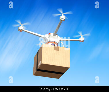 Quadrocopter con confezione di cartone, 3d illustrazione Foto Stock