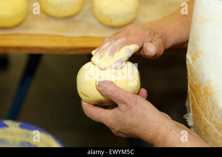 Una donna cappotti freschi formaggi con un rivestimento in plastica a Schep dairy farm in Gouda, Paesi Bassi. Foto Stock