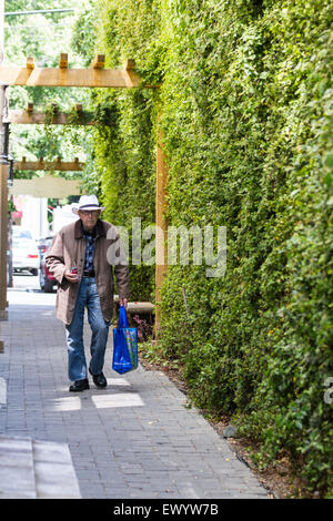 Calistoga, California - 08 Maggio : anziano gentiluomo camminando giù un alleato con un sacchetto della spesa e di bere una lattina di zuppa di un passante st Foto Stock