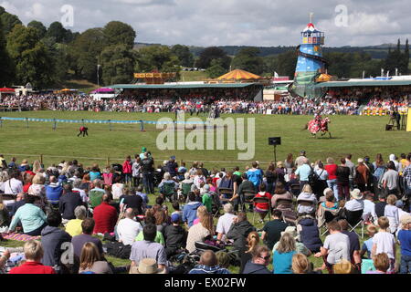 Juosting cavalieri nel Grand Ring a Chatsworth Country Fair intrattenere il corvo su una soleggiata giornata estiva, DERBYSHIRE REGNO UNITO Inghilterra Foto Stock