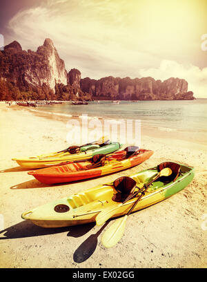 Retrò tonica kayak su una spiaggia tropicale. Vacanze attive dello sfondo. Foto Stock