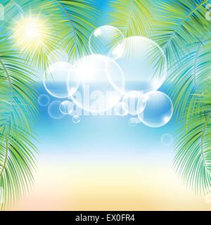 Bolle sopra la spiaggia di sabbia e i rami di palma al tramonto del tempo. Illustrazione Vettoriale