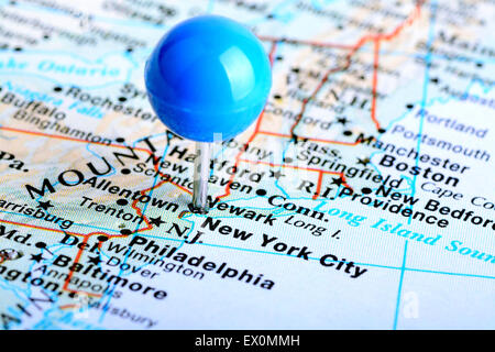 Ripresa macro di una mappa che mostra la città di New York Foto Stock