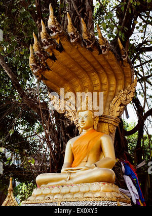 Oro una statua del Buddha si trova al di fuori di Wat Si Muang a Vientiane, Laos. Foto Stock