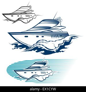 Emblema di Yacht Set. Motore motoscafo e wave. Isolato su sfondo bianco. Illustrazione Vettoriale