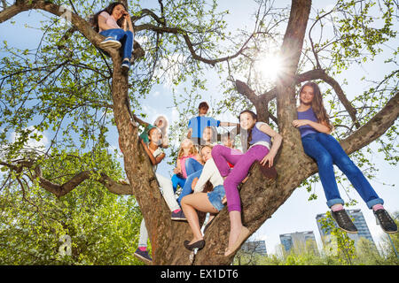 Vista dal di sotto di adolescenti seduti sulla struttura ad albero Foto Stock
