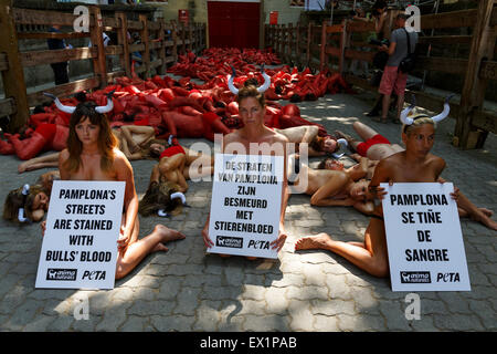 Attivista PETA e AnimaNaturalis protesta in Pamplona. 4 di luglio. 2015. Prima di San Fermin festival. Spagna. Europa Foto Stock