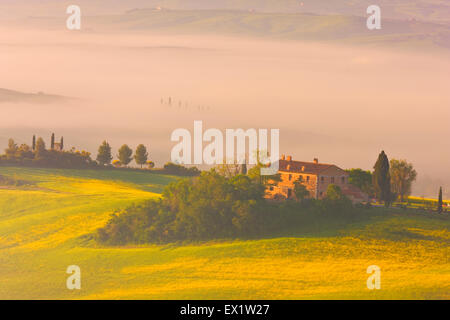 Agriturismo nella nebbia vicino a Pienza, la creta, Toscana, Italia Foto Stock