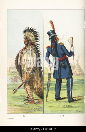 Capo Assinboine Wi-jun-jon, Pigeon testa di uovo, in costume tradizionale di pelle di capra shirt e gambali, pelle di bufalo robe decorate con cuoio capelluto-si blocca e eagle feather copricapo e in abito occidentale dopo la visita a Washington. Handcolored litografia dal George Catlin's maniere, doganale e le condizioni degli Indiani del Nord America, Londra, 1841. Foto Stock