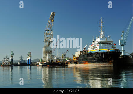 Splendido paesaggio, porti globali, porto di Durban, Sudafrica, gru galleggiante per impieghi pesanti, navi alla banchina, paesaggio, riflessi, industria marittima Foto Stock