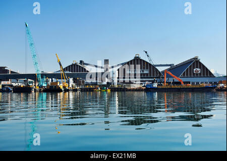 Paesaggio, riflessione sull'acqua, porti globali, porto cittadino di Durban, KwaZulu-Natal, Sudafrica, silos di terminale di zucchero sul molo di Maydon Foto Stock