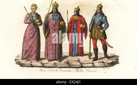 I righelli di Ungheria: Queen regnant Maria 3, Re Bela IV 1, Venceslao III di Boemia 2, e Matthias Corvinus 7. Handcolored incisione su rame da Giarre da Giulio Ferrario costumi dell Antico e Moderno di tutti i popoli del mondo, Firenze, 1847. Foto Stock