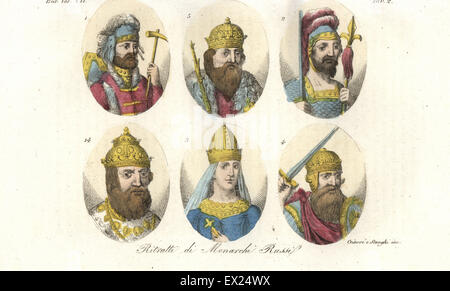 Ritratti dei primi sovrani russo. Re Rurik 1, Igor MI 2, santa Olga 3, Sviatoslav Igorevich MI 4, Vladimir Sviatoslavich grande 5, e Ivan IV il Terribile 14. Handcolored incisione su rame da Giarre e Stanghi da Giulio Ferrario costumi dell Antico e Moderno di tutti i popoli del mondo, Firenze, 1847. Foto Stock