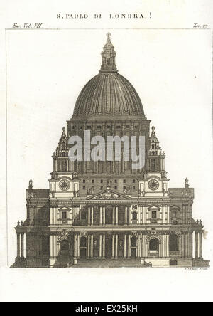 Vista in alzato frontale della Cattedrale di Saint Paul, Londra, XVIII secolo. Copperplate disegnato e inciso da P. Giarre da Giulio Ferrario costumi dell Antico e Moderno di tutti i popoli del mondo, Firenze, 1847. Foto Stock