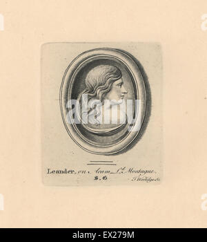 Ritratto di Leandro, gioventù e amante di eroe nel mito greco, sull acam da Lord Montague's collection. Incisione su rame di Thomas Worlidge da James Vallentin di cento e otto Incisioni da gioielli antichi, 1863. Foto Stock