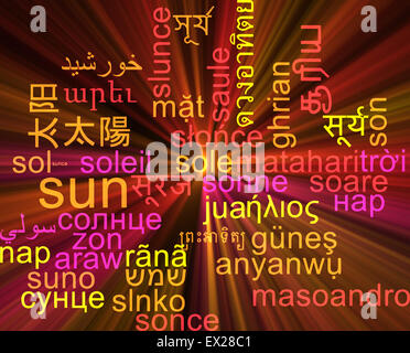 Concetto di sfondo wordcloud internazionale multilingue molti corsi di illustrazione di sun luce incandescente Foto Stock