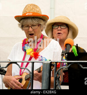 Leamington Spa Warwickshire, Inghilterra, Regno Unito. 4 luglio 2015. I fan della ukulele godere la musica in 3a Leamington Spa Ukulele Festival. Tenutasi il 4 luglio di quest anno il festival comprendeva un sapore di Americana e Hawaii. La massa busk encoraged festival va ad unirsi con canzoni tra cui quelli di Country e Western, le Isole Hawaii e Elvis Presley. La musica non-stop per tutto il pomeriggio e la sera le esibizioni da Chonkinfeckle, Red Hot Duo e Michael 'Jimmyuke' Adcock. Credito: Colin Underhill/Alamy Live News Foto Stock