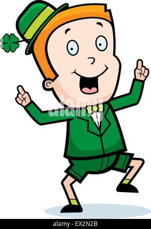 Un felice cartoon leprechaun boy dancing e sorridente. Illustrazione Vettoriale