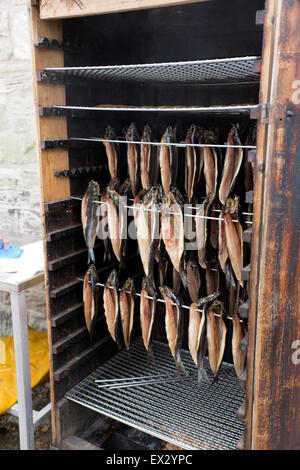 Pesce con salmone affumicato essendo fumatori cibo di indurimento tenere Foto Stock