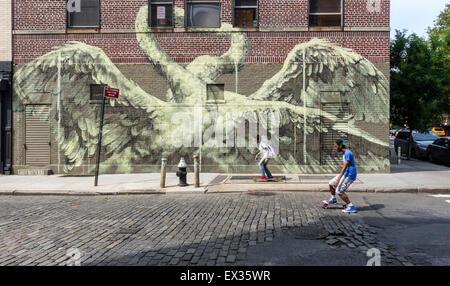 Un giovane multi-razziale giovane lo skateboard ha superato una grande arte di strada murale del coniugato cigni, Lower East Side di New York City Foto Stock