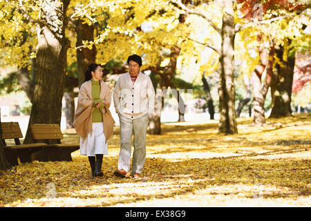 Senior coppia giapponese in un parco della città in autunno Foto Stock