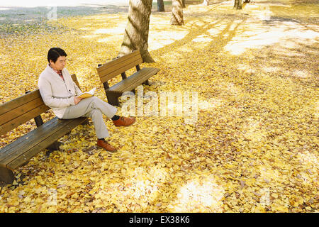 Senior giapponese uomo seduto su una panchina con un libro in un parco della città in autunno Foto Stock