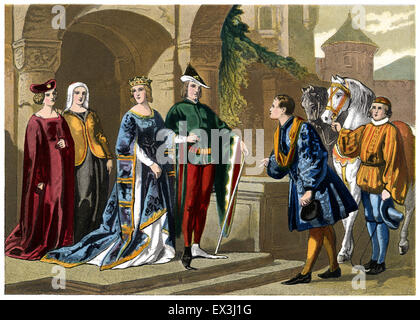 I costumi del XIV secolo - vintage Vittoriano Illustrazione a colori Foto Stock