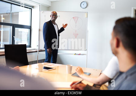 Maschio nero sorridente executive che conduce a una riunione e puntando a un grafico a torta su whiteboard Foto Stock