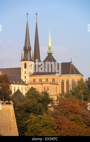 LUX, Lussemburgo, città di Lussemburgo, vista sul fiume valle Petrusse al centro della città con la cattedrale di Notre-dame, bas Foto Stock