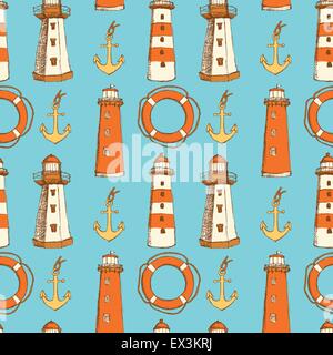 Schizzo vita bouy, faro e il dispositivo di ancoraggio in stile vintage, vettore modello senza giunture Illustrazione Vettoriale