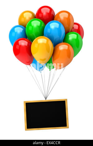 Mazzo di colori vibranti di palloncini con in mano una lavagna vuota su sfondo bianco 3D illustrazione Foto Stock