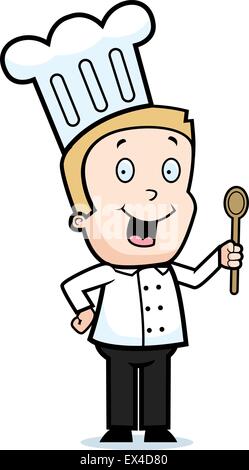 Un felice cartoon bambino chef con un cucchiaio di legno. Illustrazione Vettoriale