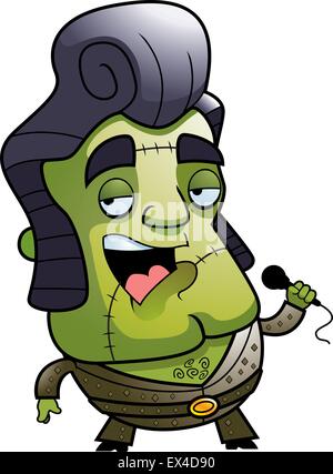 Un cartoon monster cantare una canzone in un microfono. Illustrazione Vettoriale