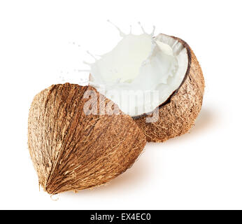 Noci di cocco con il latte splash su sfondo bianco. Foto Stock