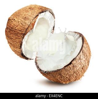 Noci di cocco con il latte splash su sfondo bianco. Foto Stock