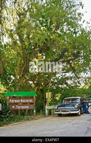 Vista verticale di un vintage Chrysler auto presso l'entrata di Turquino Parco Nazionale di Cuba. Foto Stock