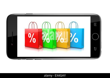 Smartphone mostra colorati negozi collezione di borse con il simbolo percentuale isolati su sfondo bianco illustrazione, discoteca Online Foto Stock