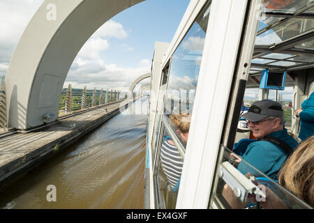 Falkirk Wheel - i turisti in barca nella parte superiore della parte rotante del gruppo sollevatore che si unisce al canale di Forth e Clyde con la Union Canal Foto Stock