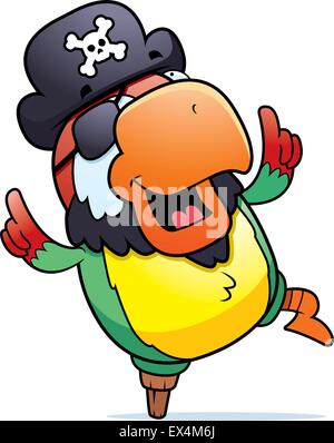 Un felice cartoon pirate parrot dancing e sorridente. Illustrazione Vettoriale