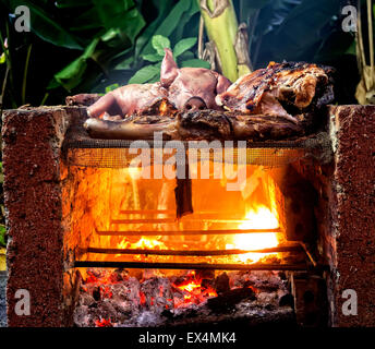 Alla brace maiale in un caminetto nativo Foto Stock