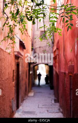 La signora ombra a piedi in rosso, autentica via di Marrakesh, Marocco. Foto Stock