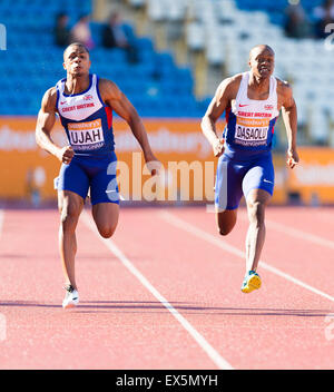 Birmingham, Regno Unito. 05 Luglio, 2015. Sainsburys britannico Campionato di atletica. Ujah Chijindu vince l'uomo 100 metri finali. © Azione Sport Plus/Alamy Live News Foto Stock