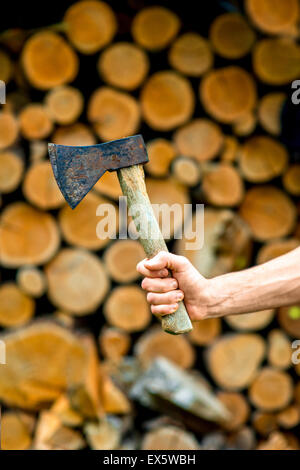 La tenuta di un ax per la legna da ardere sfondo Foto Stock