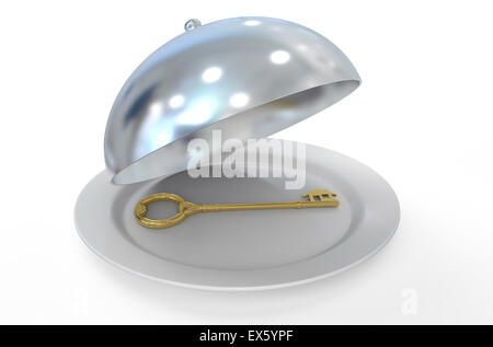 Ristorante cloche con chiave isolati su sfondo bianco Foto Stock