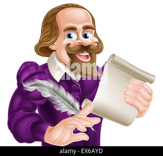 Cartoon di William Shakespeare tenendo un cappello di piume e scorrimento della carta Foto Stock