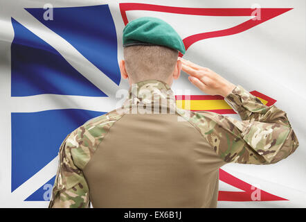 Soldato che plaude alla provincia canadese serie tricolore - Terranova e Labrador Foto Stock