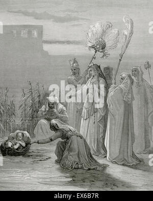 Mosè salvato dal Nilo dalla figlia del Faraone d'Egitto. Esodo. Incisione di Gustave Dore (1832-1883). Foto Stock