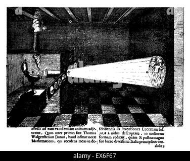 Una lanterna magica proiettore per diapositive, 1671. La lanterna magica o Laterna Magica è un inizio di tipo di proiettore di immagini che impiegano immagini su lastre di vetro. Essa è stata sviluppata nel XVII secolo e comunemente utilizzati per la didattica e a scopi di intrattenimento Foto Stock