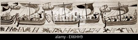 Acquatinta raffigurante Guglielmo il Conquistatore dell' invasione dell'Inghilterra (la flotta sulla strada sopra e lo sbarco a Pevensey) dall'Arazzo di Bayeux. Foto Stock